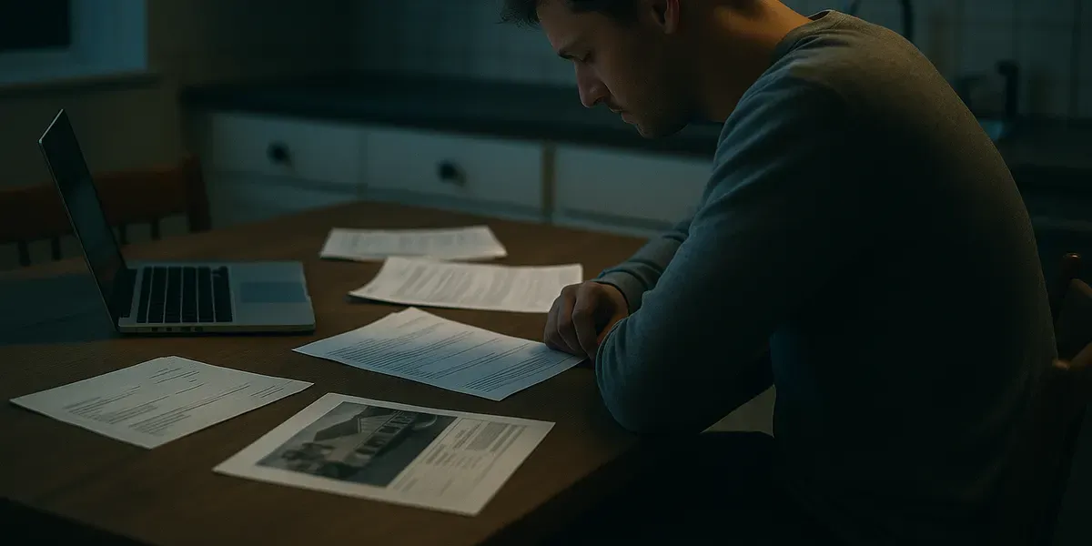 Verkäufer sitzt abends allein mit Unterlagen am Küchentisch